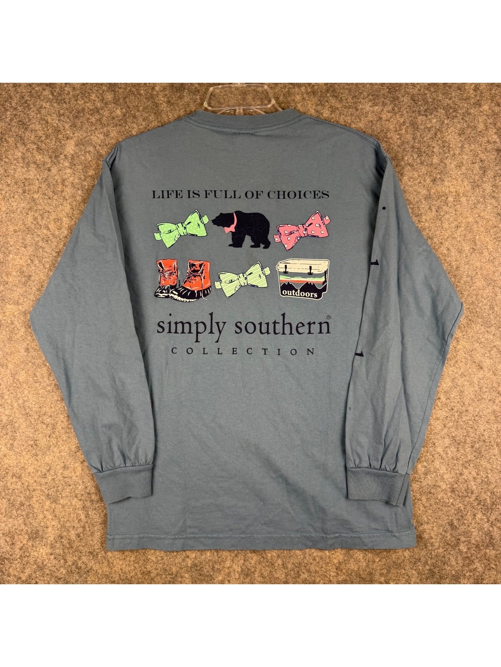 Simply Southern Preppy Collection LS T Shirt Blue Bowtie Bear Boots Medium 416